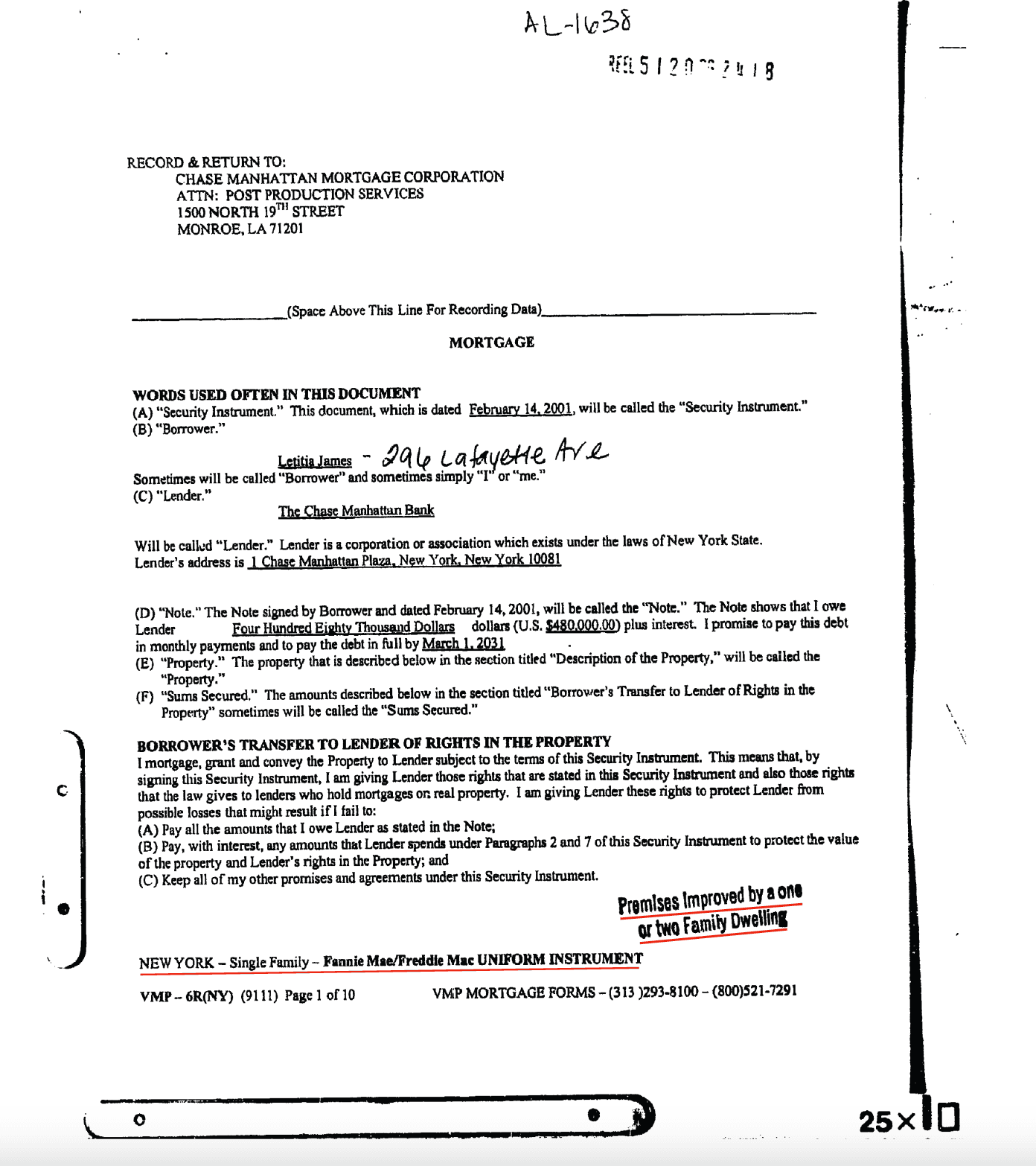 2001- ORIGINAL MORTGAGE 1-2 FAMILY DWELLING